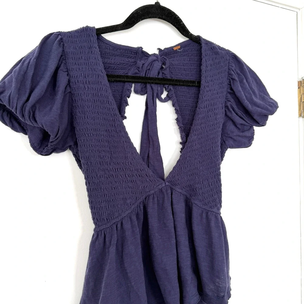 Free People Charlotte Navy Blue Smocked Tie Back Puff Sleeve Top Size Small